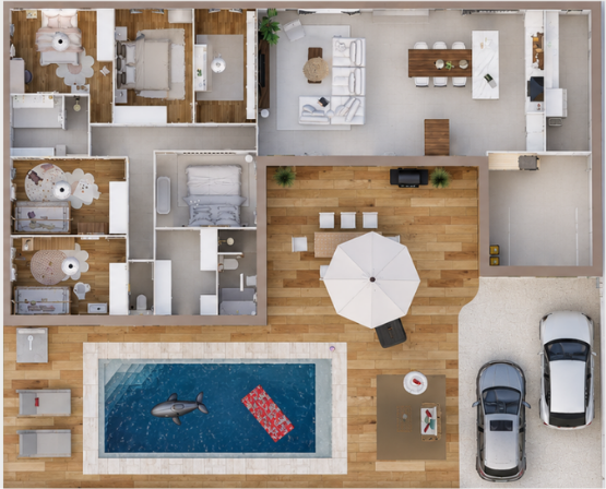 Plan 3D vu de dessus d’une maison individuelle avec piscine