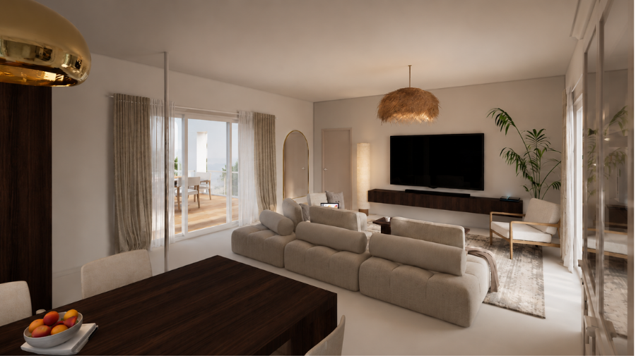 Projet Romy, séjour avec grand canapé beige et table en bois